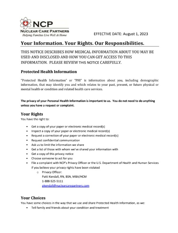 PHI rights notice document header from Nuclear Care Partners, outlining Your Information, Your Rights, Our Responsibilities and privacy rights information for patients.